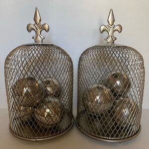 Silver Tone metal mesh bird cage-style cloche decorative lantern with ornaments